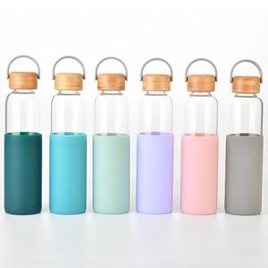 600 Ml High Borosilicate Glass Water Bottle Eco With Bamboo Lid Silicone Sleeve
