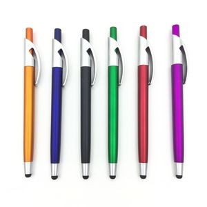 Metal color chromed barrel plastic ball pen with touch stylus on the top