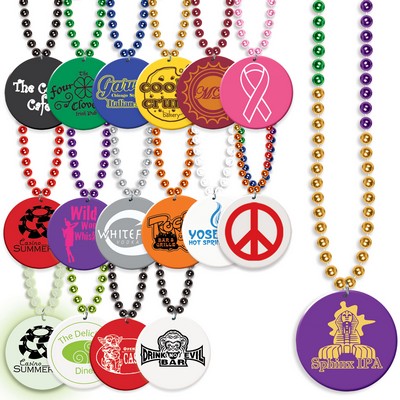 Mardi Gras Beads w/ custom 1-color imprinted medallion
