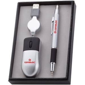 Sabre LED Stylus Ballpoint Pen & USB Optical Travel Mouse Gift Set