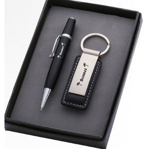 Monaco Metal Pen & Leather/Metal Keychain Set