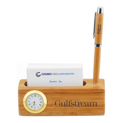 Bamboo Business Card & Pen Holder Clock