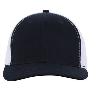 Deluxe RPET Navy Blue Brushed Twill Cap w/White Trucker Mesh