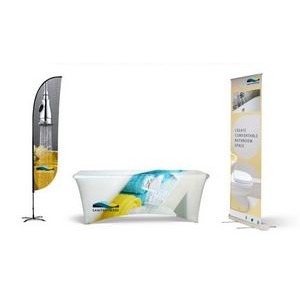 Retractable Banner Indoor Kit w Dye Sub 9ft 2-sided Feather Flag, 6ft Table Cover & Roll-up Banner