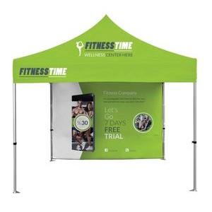 10x10ft Deluxe White Steel Frame (30mm post, 1.2mm gauge) w/ Dye Sublimation Canopy + Full Wall