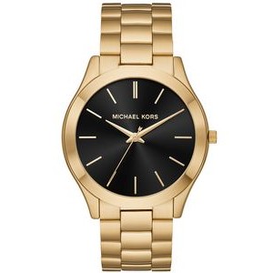 Michael Kors Mens Slim Runway Gold-Tone Stainless Steel Watch, Black Dial