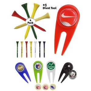 Golf Tee Pack - 4 x Wooden Golf Tees & 1 Divot Repair Tool Packed In A Poly Bag
