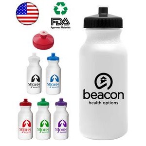 USA Made - 20 oz. Sports Water White Bottle with Colored Push Caps