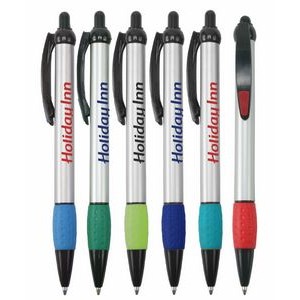 Promotional - Jolly Jotter - Silver Barrels Ballpoint Pens with Colored Trim and Rubber Grip