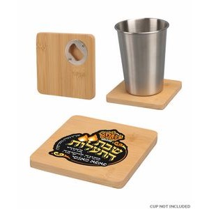 Union Printed - 4 inch Square Bamboo Coaster with Beer Opener - Full-Color Logo