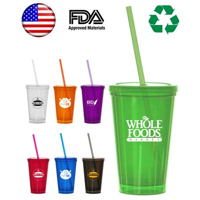 16oz - USA Made - Double Wall Tumbler Travel Cup withStraw