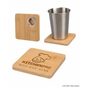 Union Printed - 4 inch Square Bamboo Coaster with Beer Opener - Laser Engraved Logo
