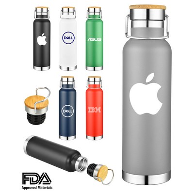 22 oz Double Wall Stainless Steel Vacuum Insulated Travel Bottle with Bamboo Lid. Powder Coated