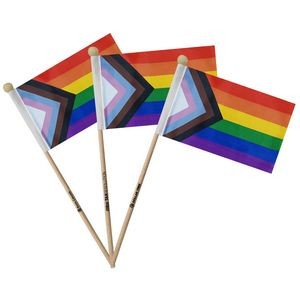 Popular ! - LGBTQ+ 4"x6" Progressive Gay Pride Flag With Wooden Pole - New Design
