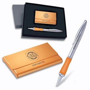 2-Piece Gift Set of Metallic Orange Business Card Case and Twist Action Ballpoint Pen