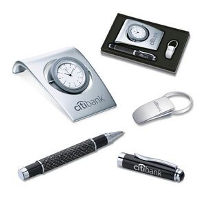 3-Piece Gift Set of Dual Function Desk Clock & Photo Frame, Roller Ball Pen and Key Ring