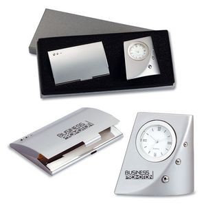 2-Piece Gift Set of Metal Desk Clock and Business Card Case