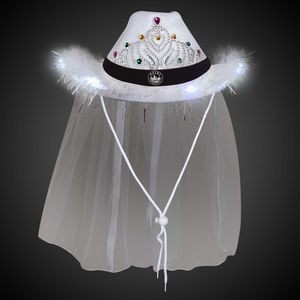 White Light Up Tiara Cowboy Hat with Veil(with black imprintable band)