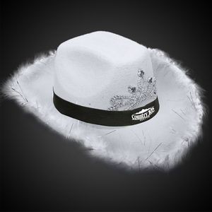 White Light Up Cowboy Hat w/ Tiara and Feather(Black Imprinted Band)