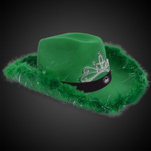 Green Light Up Cowboy Hat w/ Tiara and Feather(Black Imprinted Band)