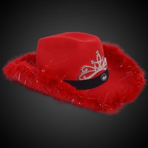 Red Light Up Cowboy Hat w/ Tiara and Feather(Black Imprinted Band)
