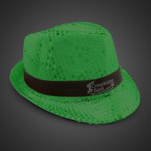 Green Sequin Fedora Hat w/Silk Screened Black Band