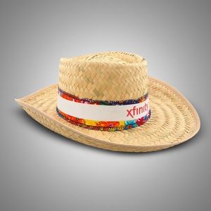 Natural Straw Gambler Hat w/Silk Screened White Band