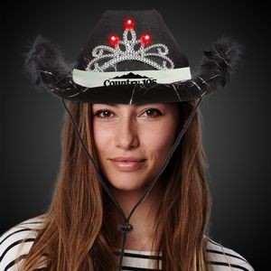 Black Light Up Cowboy Hat w/ Tiara and Feather(White Imprinted Band)