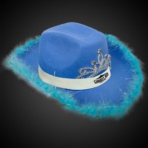 Blue Light Up Cowboy Hat w/ Tiara and Feather(White Imprinted Band)