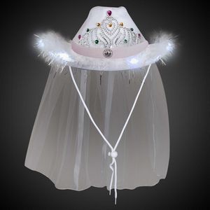 White Light Up Tiara Cowboy Hat with Veil(with white imprintable band)