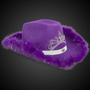 Purple Light Up Cowboy Hat w/ Tiara and Feather(White Imprinted Band)