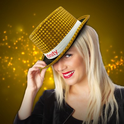 Gold Sequin Top Hat w/Silk Screened White Band