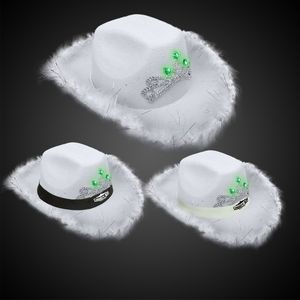 White Light Up Cowboy Hat w/ Tiara and Feather(Blank)