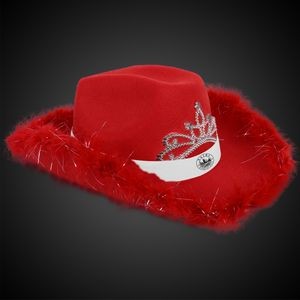 Red Light Up Cowboy Hat w/ Tiara and Feather(White Imprinted Band)