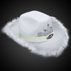 White Light Up Cowboy Hat w/ Tiara and Feather(White Imprinted Band)