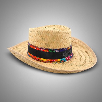 Natural Straw Gambler Hat w/Silk Screened Black Band