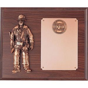 Walnut Finish Firefighter Plaque w/Bronze Figure & 2" Insert (10"x12")