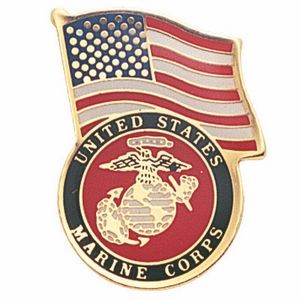 U.S. Marine Corps & American Flag Etched Enameled Pin