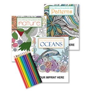 Gift Pack - 3 Stress Relieving Coloring Books for Adults + 10-Pack of Colored Pencils