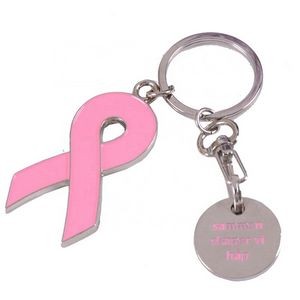 Breast Cancer Awareness Ribbon Charm Keychain w/ Metal Tag