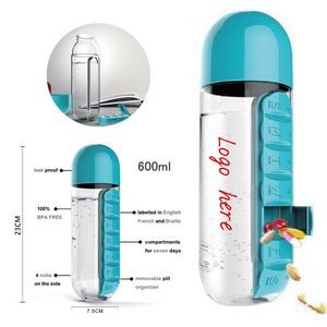 600ML Clear Water Bottle W/ Daily Pill Box