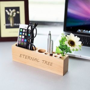 Cell Phone Stand W/Pen Storage Hole Natural Beech Wood Desktop Multi-functional Desk Organizer