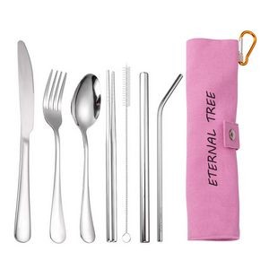 7-Piece 304 Stainless Steel Flatware Chopstick Spoon Straw Fork Knife Tableware Set W/Bag(Model A)