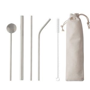 5-Piece 304 Stainless Steel Flatware Drinking Spoon Straw Tableware Set W/Drawstring Bag(Silver)