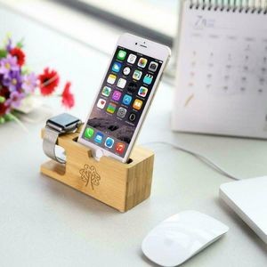 Cell Phone Stand W/Watch Charging Slot Natural Bamboo Wooden Desktop Mobile Phone Holder