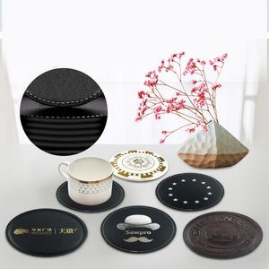 PU Leather Round Shape Coaster w/Gold/Silver Stamping Logo