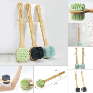 Wooden Handle Silicone Square Scrubber for Shower Dual Sides Body Scrubber Exfoliator Body Brush