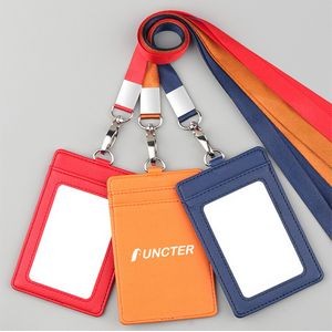 Vertical PU Leather ID Card Holder Badge Holder With Lanyard