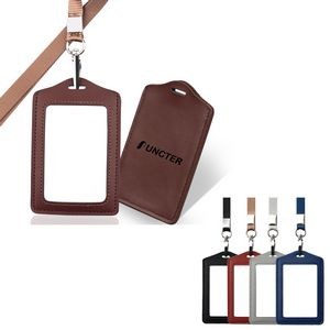 Leather Vertical ID Badge Card Holder With Lanyard
