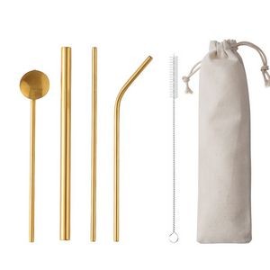 4-Piece 304 Stainless Steel Drinking Spoon Straw Set W/Drawstring Bag(Gold & Rose Gold & Rainbow)